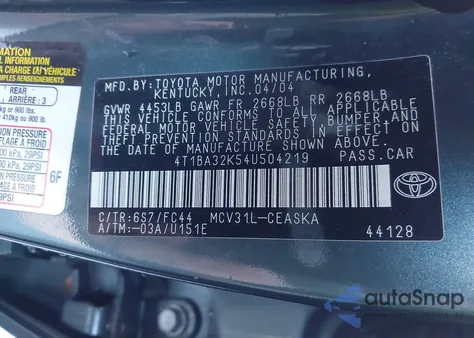 2004 Toyota Camry Se V6 z USA, uszkodzony, nr VIN 4T1BA32K54U504219